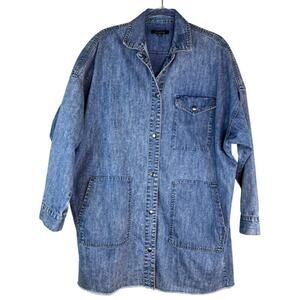 Fiore Jean Shacket Oversized Blue Distressed Denim Raw Hem Chore Coat Women’s